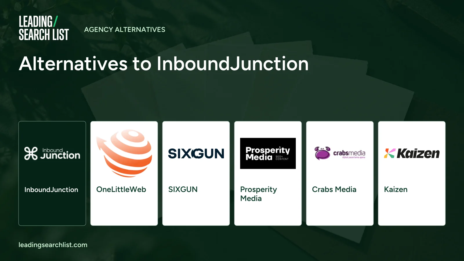 Alternatives to InboundJunction. Logos shown: InboundJunction, OneLittleWeb, SIXGUN, Prosperity Media, Crabs Media, Kaizen. Leading Search List.