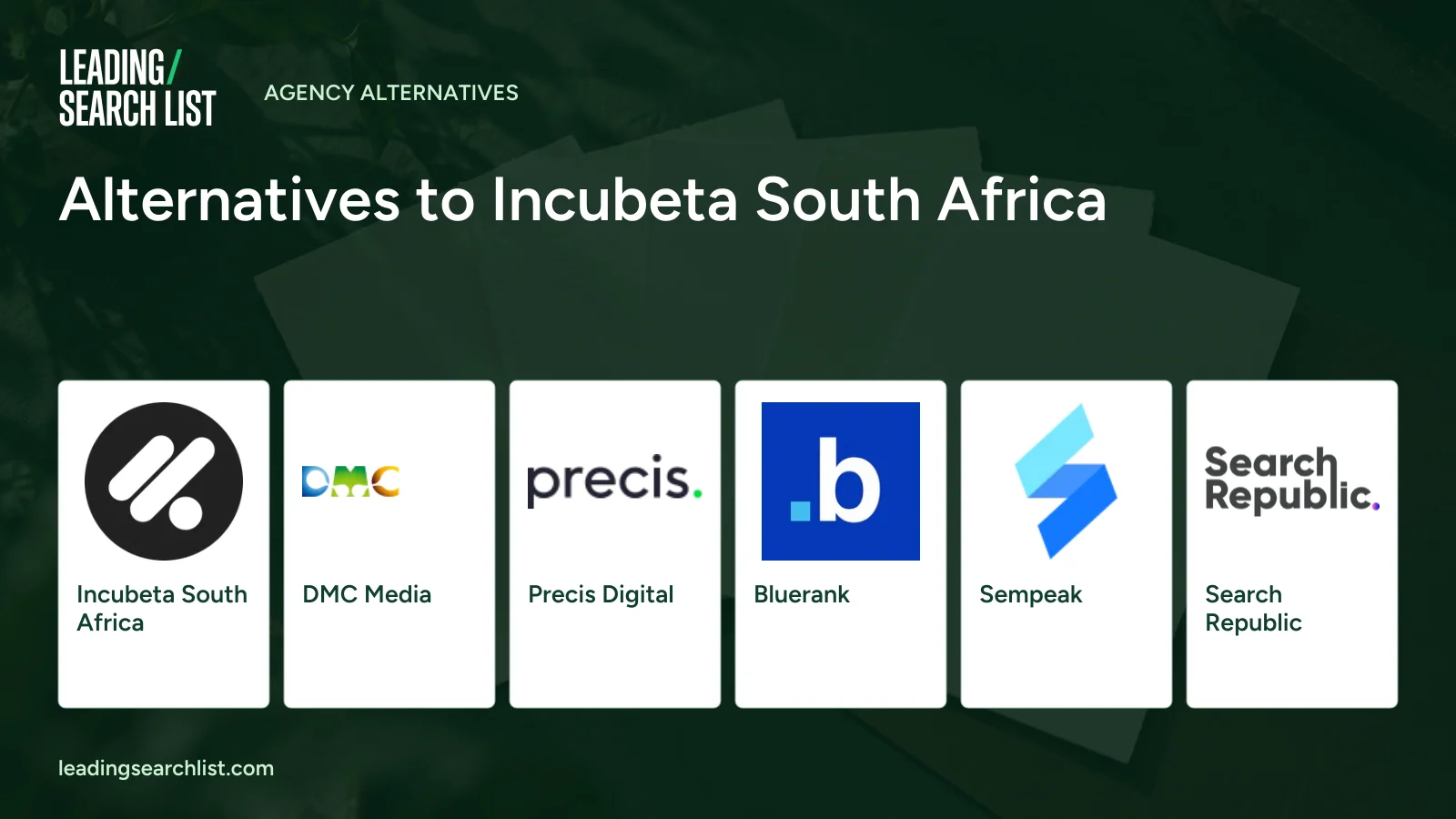 Alternatives to Incubeta South Africa. Logos shown: Incubeta South Africa, DMC Media, Precis Digital, Bluerank, Sempeak, Search Republic. Leading Search List.