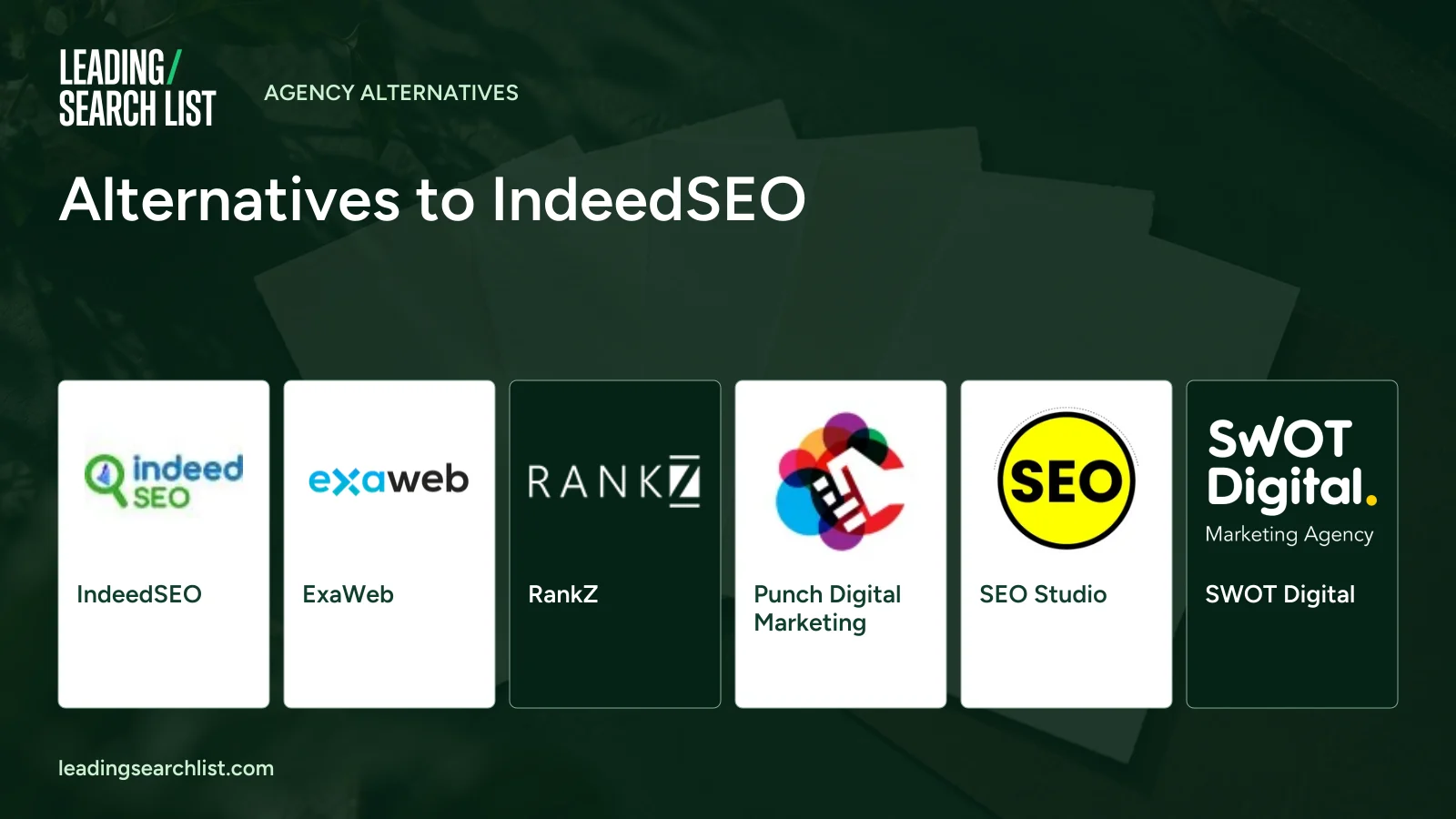 Alternatives to IndeedSEO. Logos shown: IndeedSEO, ExaWeb, RankZ, Punch Digital Marketing, SEO Studio, SWOT Digital. Leading Search List.