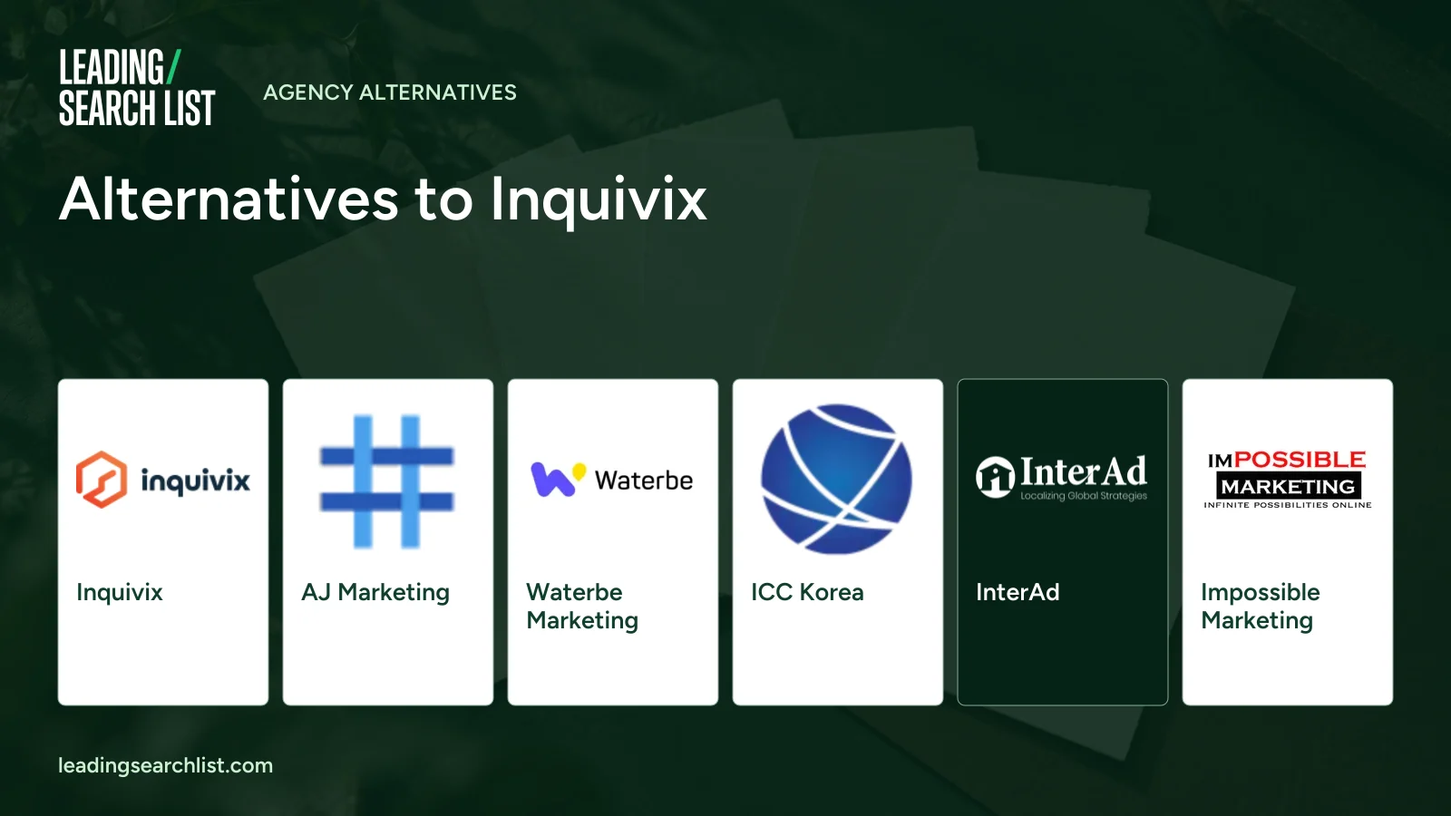 Alternatives to Inquivix. Logos shown: Inquivix, AJ Marketing, Waterbe Marketing, ICC Korea, InterAd, Impossible Marketing. Leading Search List.