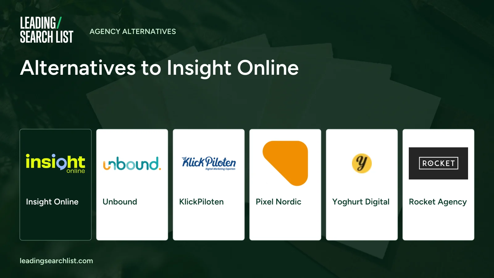 Alternatives to Insight Online. Logos shown: Insight Online, Unbound, KlickPiloten, Pixel Nordic, Yoghurt Digital, Rocket Agency. Leading Search List.