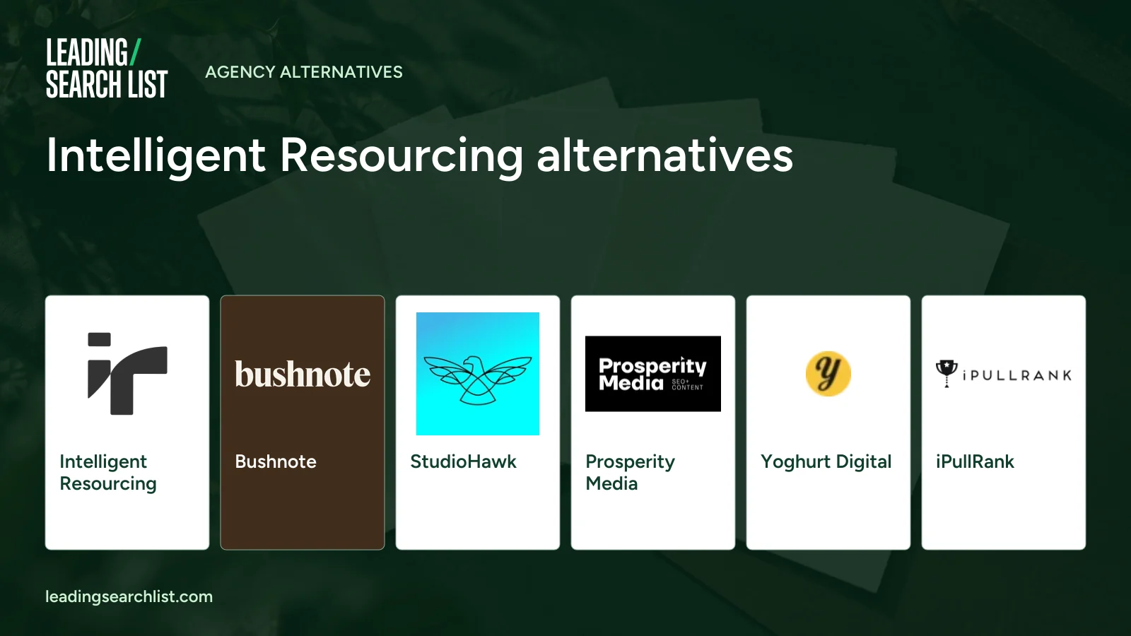 Intelligent Resourcing alternatives. Logos shown: Intelligent Resourcing, Bushnote, StudioHawk, Prosperity Media, Yoghurt Digital, iPullRank. Leading Search List.