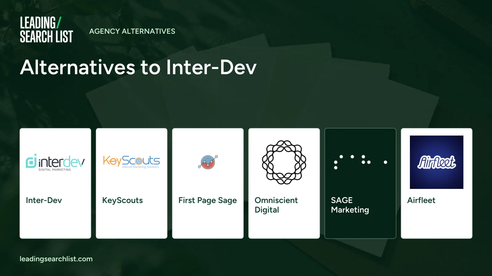 Alternatives to Inter-Dev. Logos shown: Inter-Dev, KeyScouts, First Page Sage, Omniscient Digital, SAGE Marketing, Airfleet. Leading Search List.