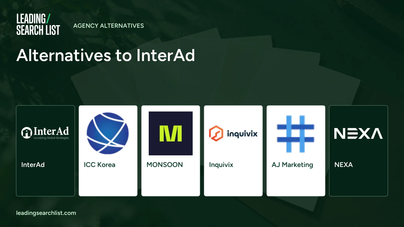 Alternatives to InterAd. Logos shown: InterAd, ICC Korea, MONSOON, Inquivix, AJ Marketing, NEXA. Leading Search List.