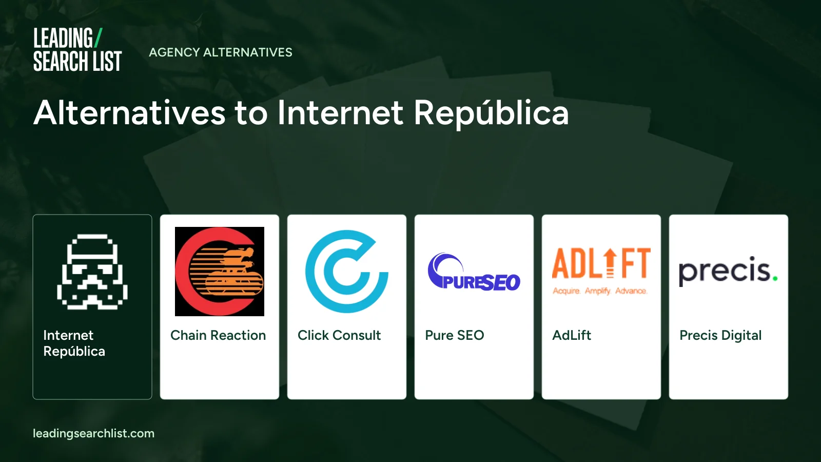 Alternatives to Internet República. Logos shown: Internet República, Chain Reaction, Click Consult, Pure SEO, AdLift, Precis Digital. Leading Search List.