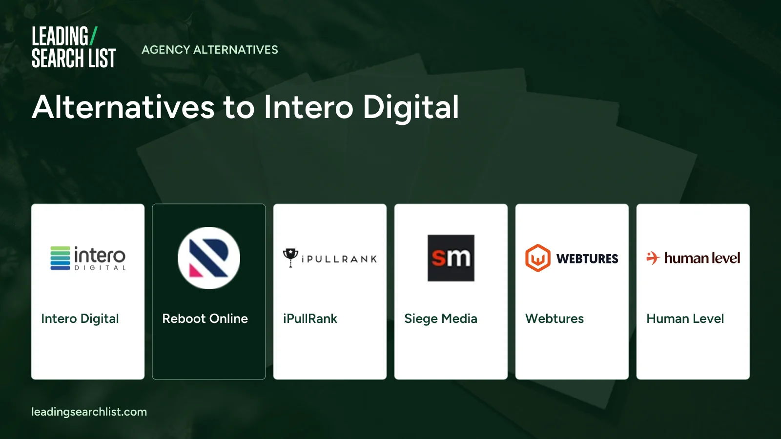 Alternatives to Intero Digital. Logos shown: Intero Digital, Reboot Online, iPullRank, Siege Media, Webtures, Human Level. Leading Search List.