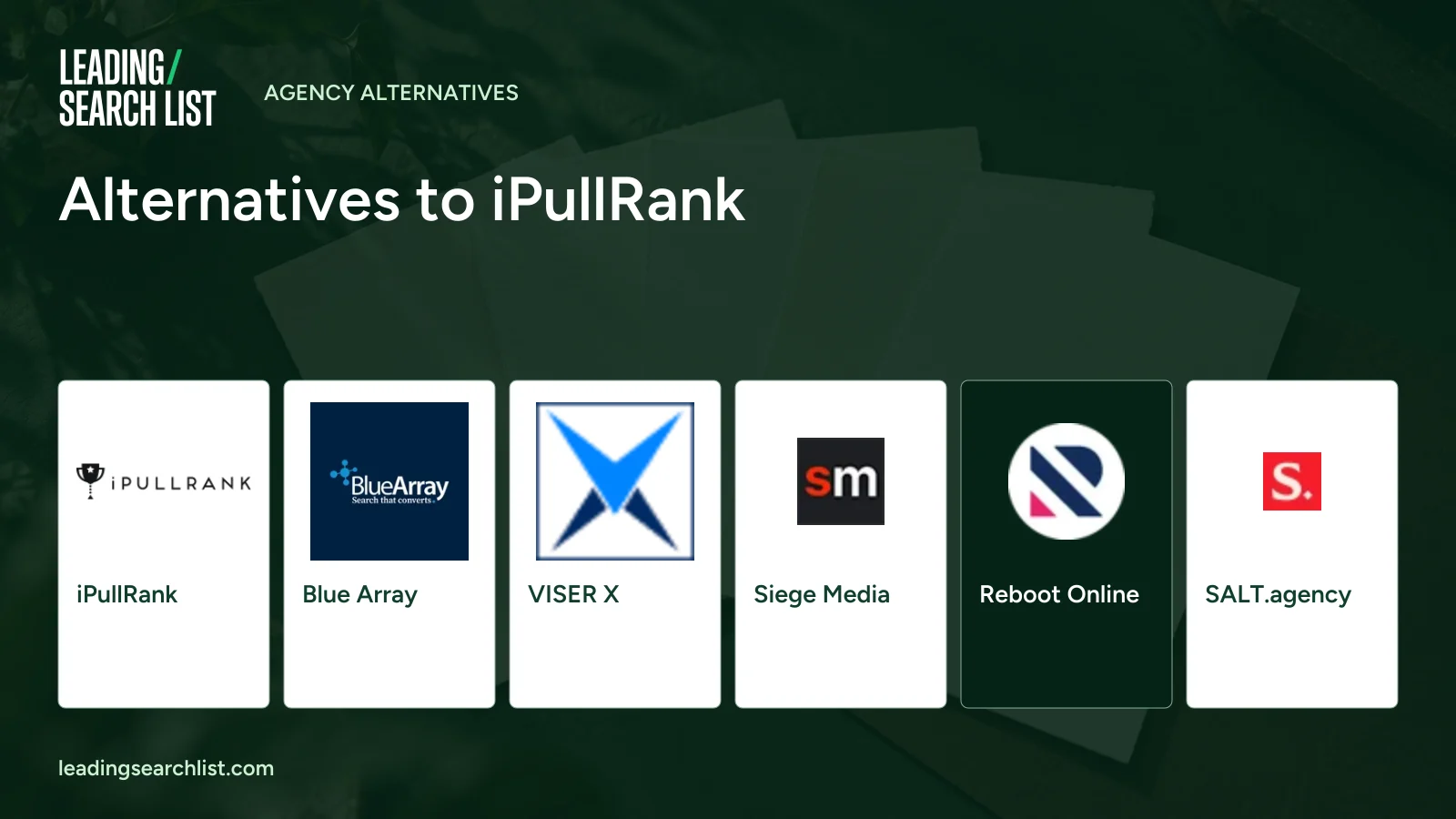 Alternatives to iPullRank. Logos shown: iPullRank, Blue Array, VISER X, Siege Media, Reboot Online, SALT.agency. Leading Search List.