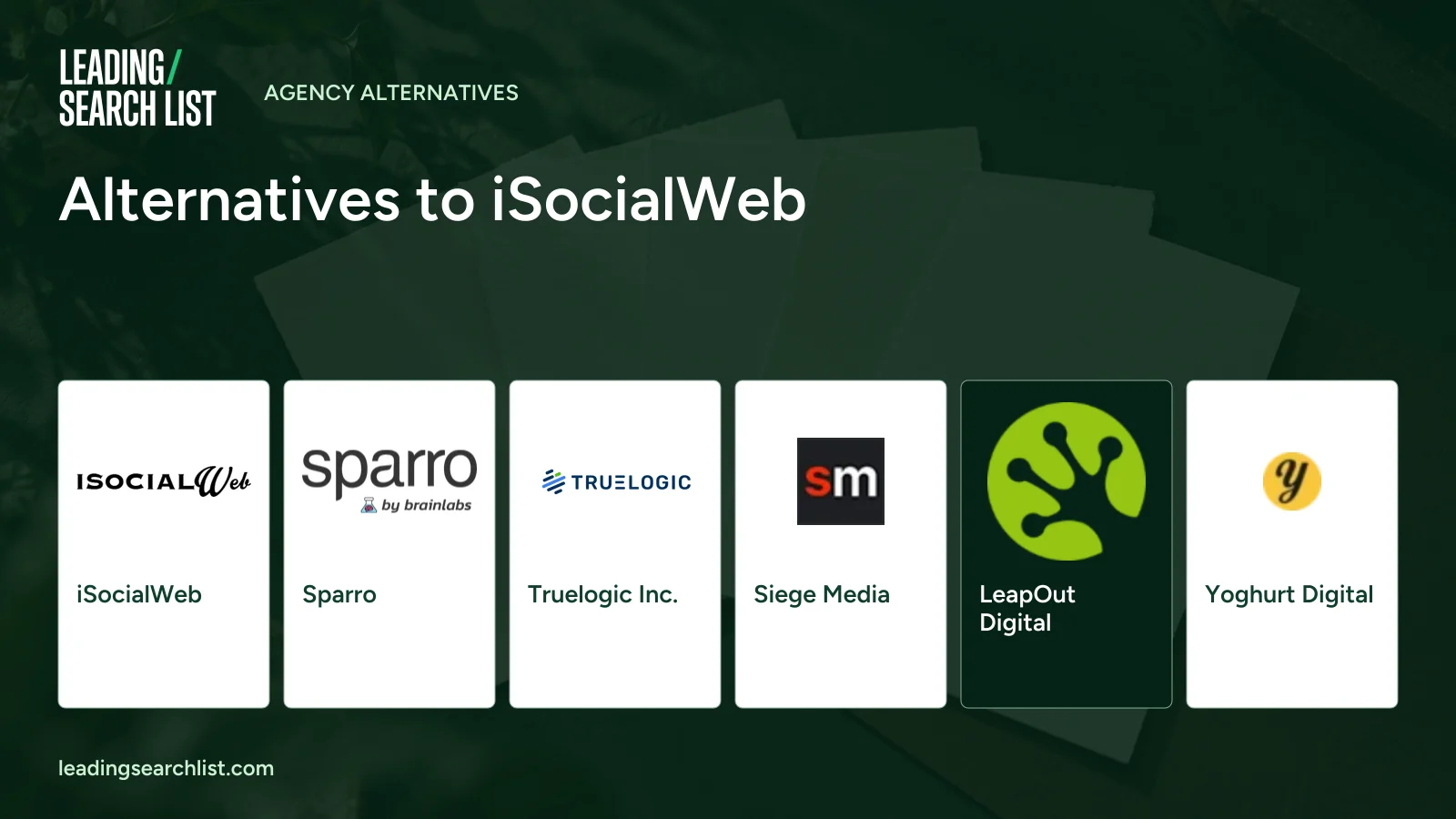 Alternatives to iSocialWeb. Logos shown: iSocialWeb, Sparro, Truelogic Inc., Siege Media, LeapOut Digital, Yoghurt Digital. Leading Search List.