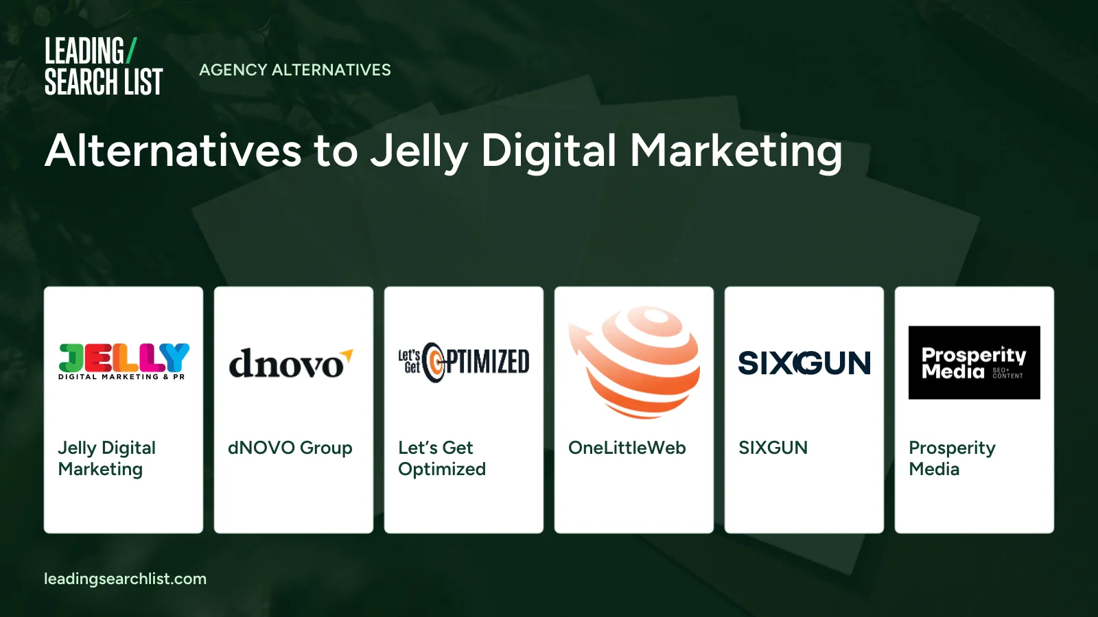 Alternatives to Jelly Digital Marketing. Logos shown: Jelly Digital Marketing, dNOVO Group, Let’s Get Optimized, OneLittleWeb, SIXGUN, Prosperity Media. Leading Search List.