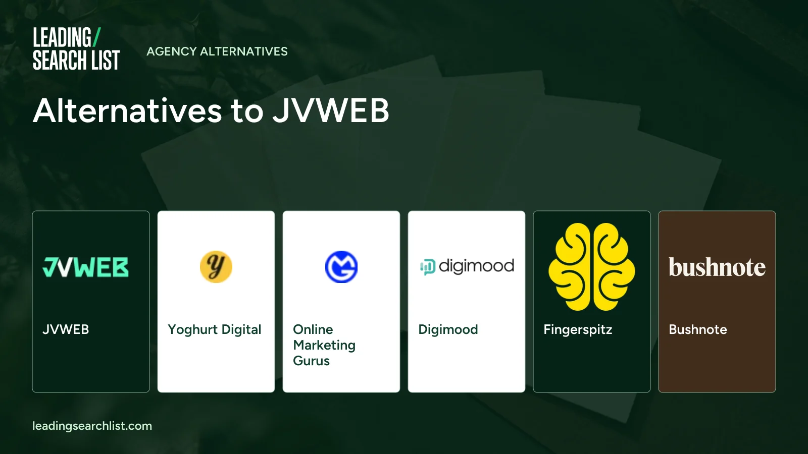 Alternatives to JVWEB. Logos shown: JVWEB, Yoghurt Digital, Online Marketing Gurus, Digimood, Fingerspitz, Bushnote. Leading Search List.