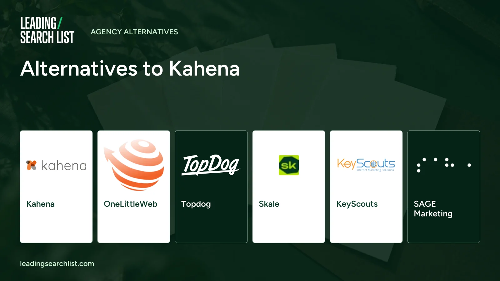 Alternatives to Kahena. Logos shown: Kahena, OneLittleWeb, Topdog, Skale, KeyScouts, SAGE Marketing. Leading Search List.