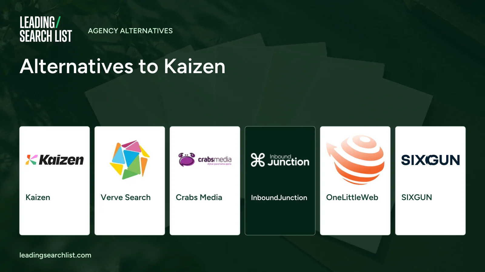 Alternatives to Kaizen. Logos shown: Kaizen, Verve Search, Crabs Media, InboundJunction, OneLittleWeb, SIXGUN. Leading Search List.