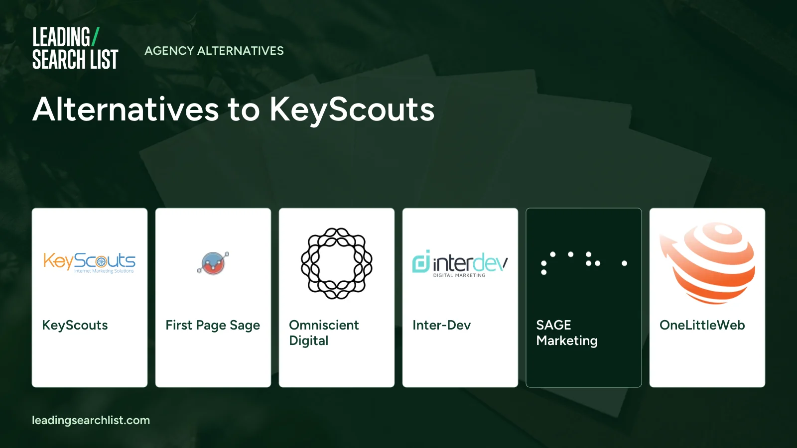 Alternatives to KeyScouts. Logos shown: KeyScouts, First Page Sage, Omniscient Digital, Inter-Dev, SAGE Marketing, OneLittleWeb. Leading Search List.