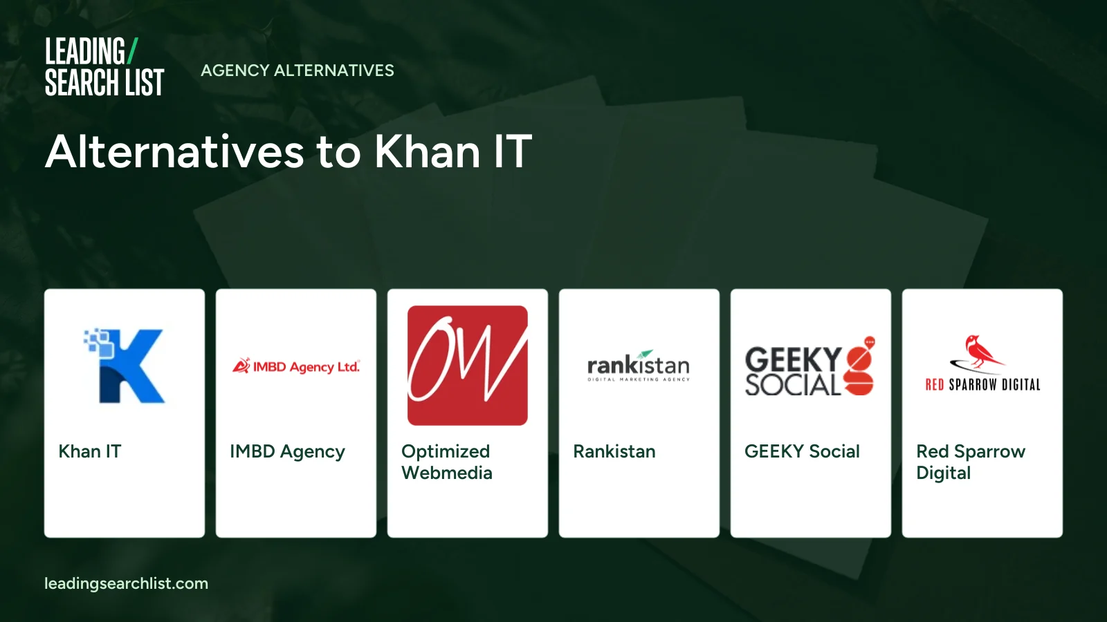 Alternatives to Khan IT. Logos shown: Khan IT, IMBD Agency, Optimized Webmedia, Rankistan, GEEKY Social, Red Sparrow Digital. Leading Search List.