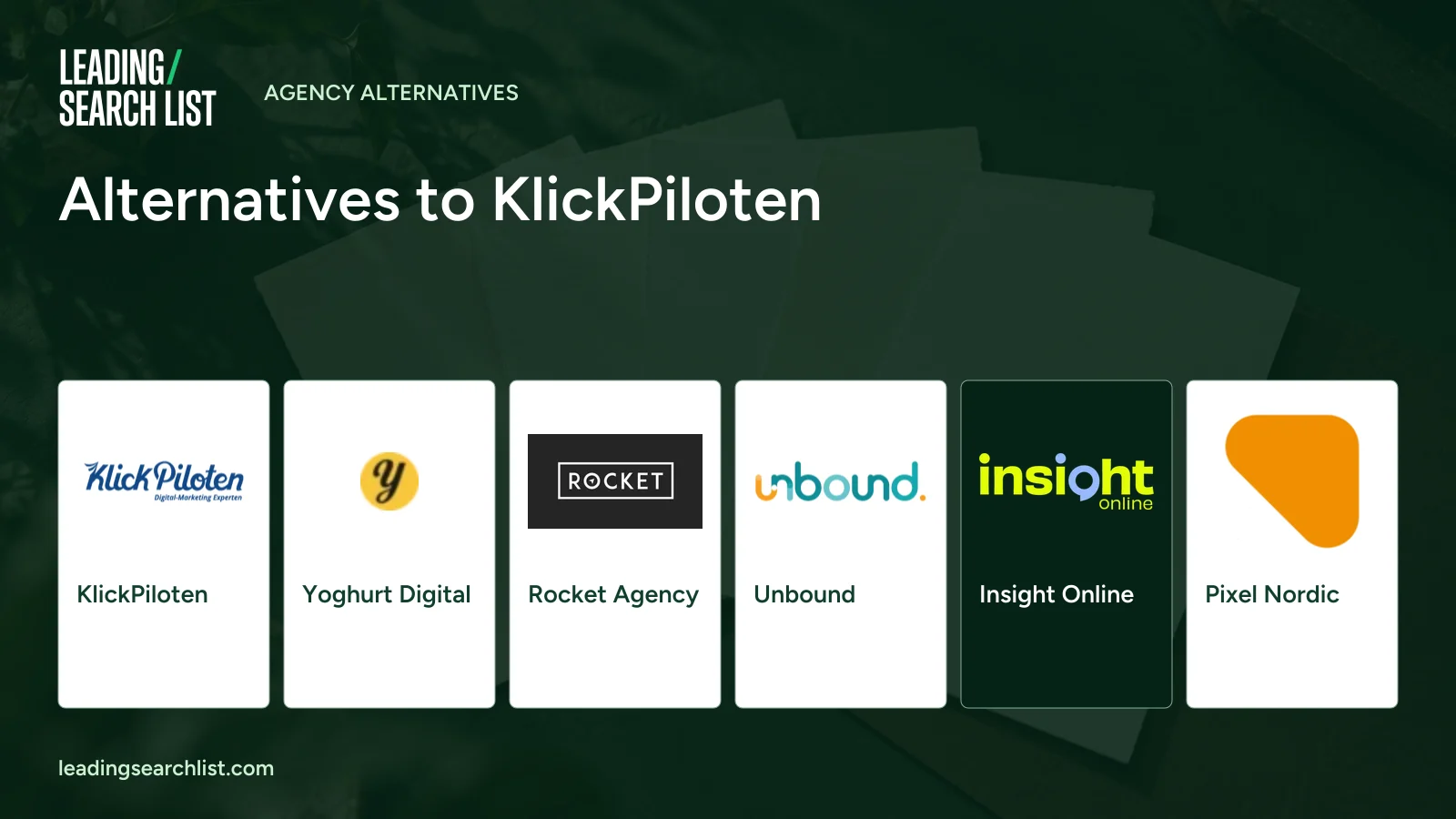 Alternatives to KlickPiloten. Logos shown: KlickPiloten, Yoghurt Digital, Rocket Agency, Unbound, Insight Online, Pixel Nordic. Leading Search List.