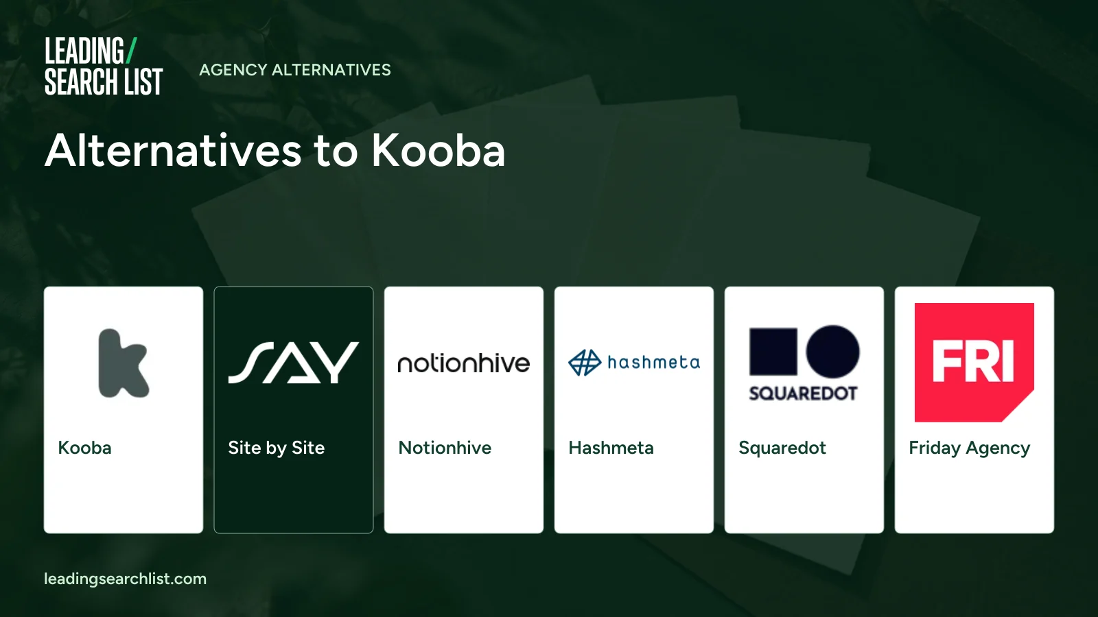 Alternatives to Kooba. Logos shown: Kooba, Site by Site, Notionhive, Hashmeta, Squaredot, Friday Agency. Leading Search List.