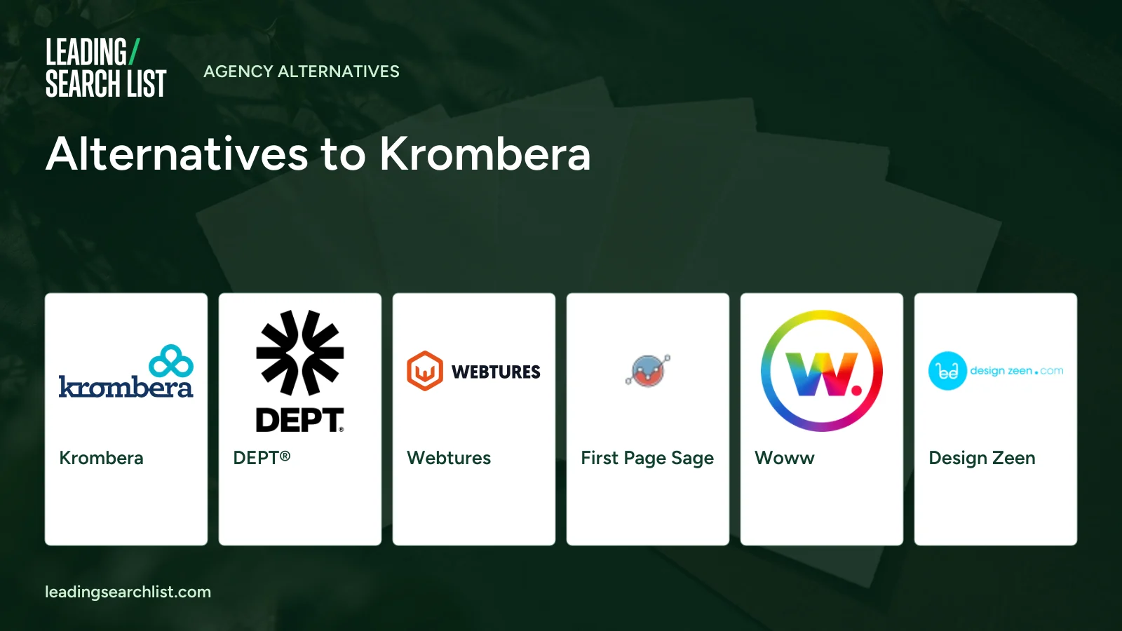 Alternatives to Krombera. Logos shown: Krombera, DEPT®, Webtures, First Page Sage, Woww, Design Zeen. Leading Search List.