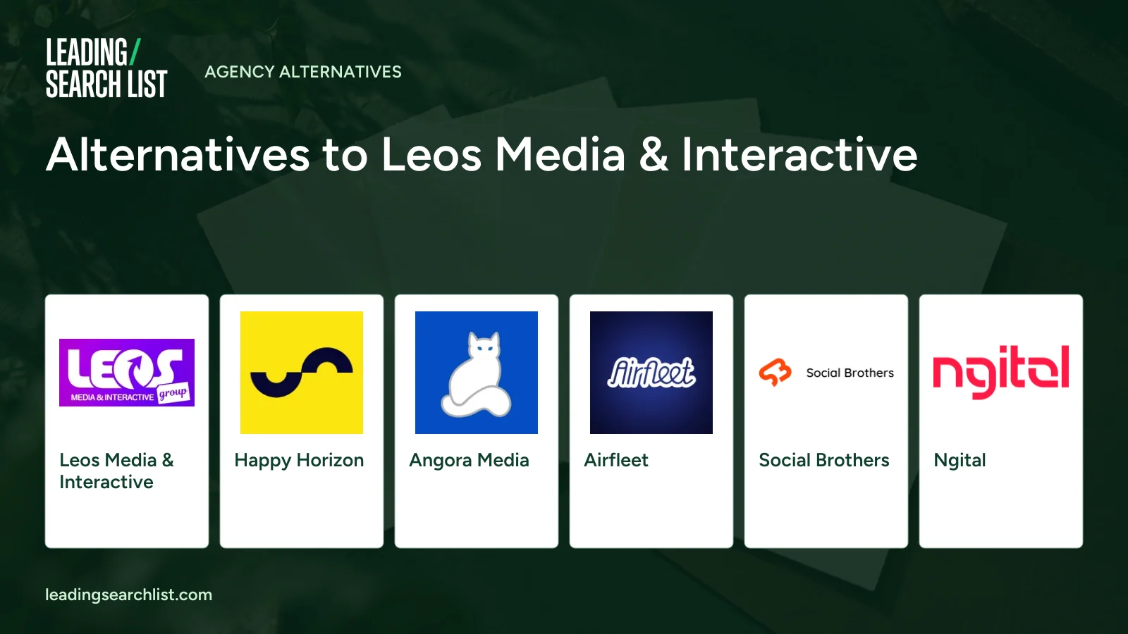 Alternatives to Leos Media & Interactive. Logos shown: Leos Media & Interactive, Happy Horizon, Angora Media, Airfleet, Social Brothers, Ngital. Leading Search List.