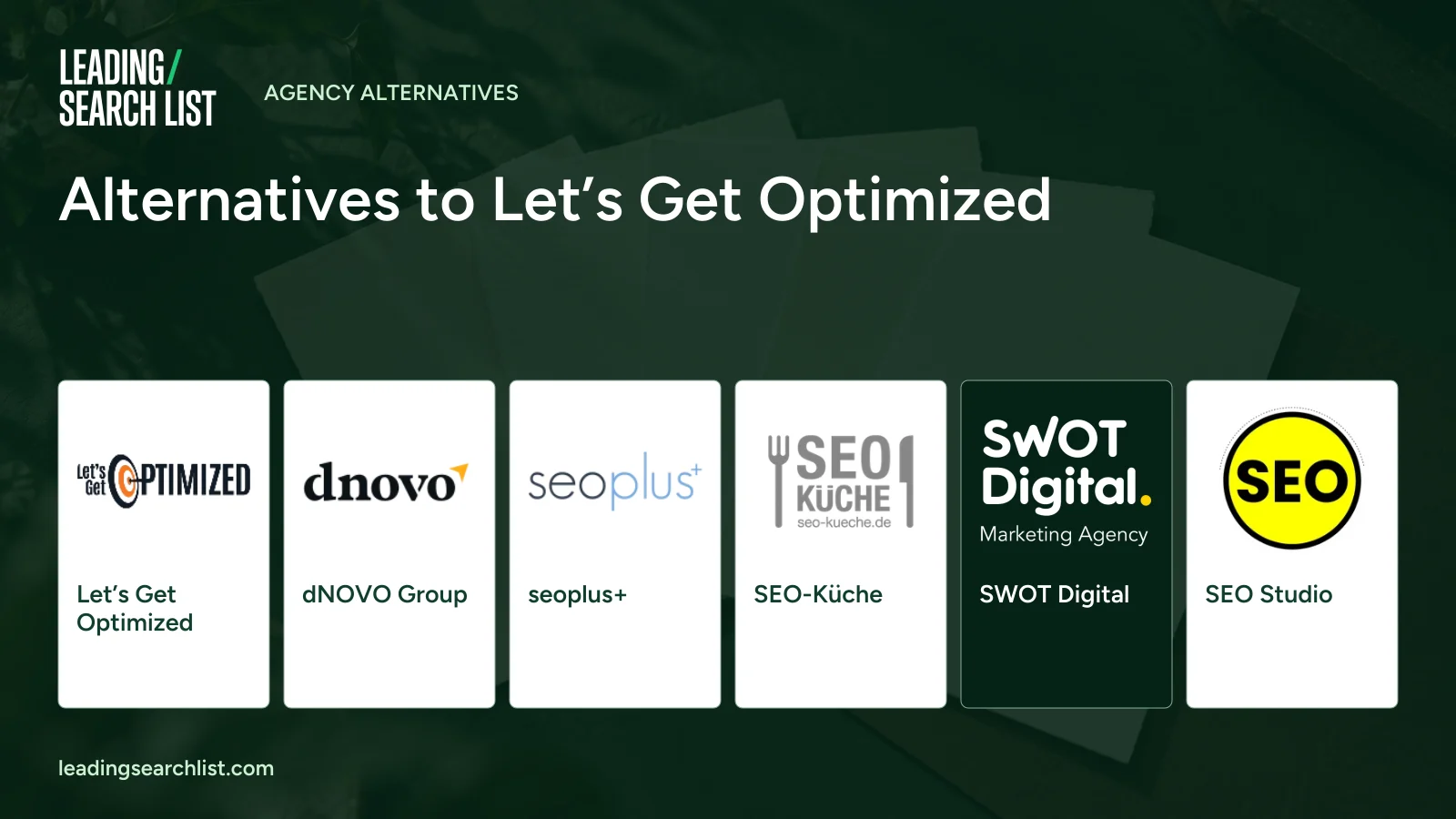 Alternatives to Let’s Get Optimized. Logos shown: Let’s Get Optimized, dNOVO Group, seoplus+, SEO-Küche, SWOT Digital, SEO Studio. Leading Search List.