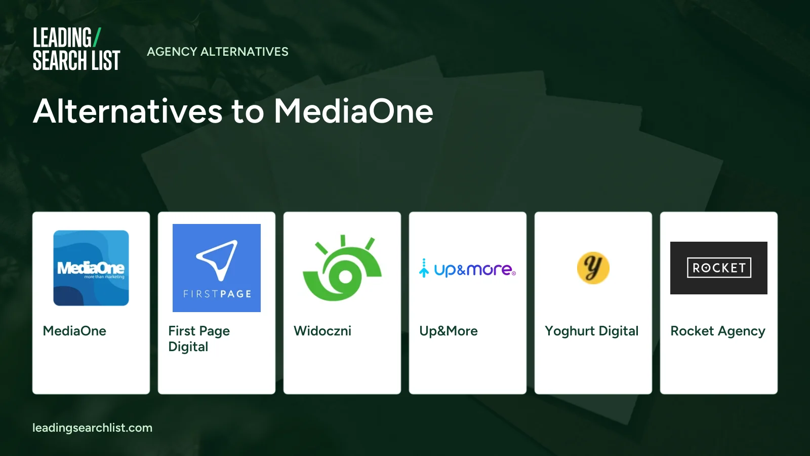 Alternatives to MediaOne. Logos shown: MediaOne, First Page Digital, Widoczni, Up&More, Yoghurt Digital, Rocket Agency. Leading Search List.