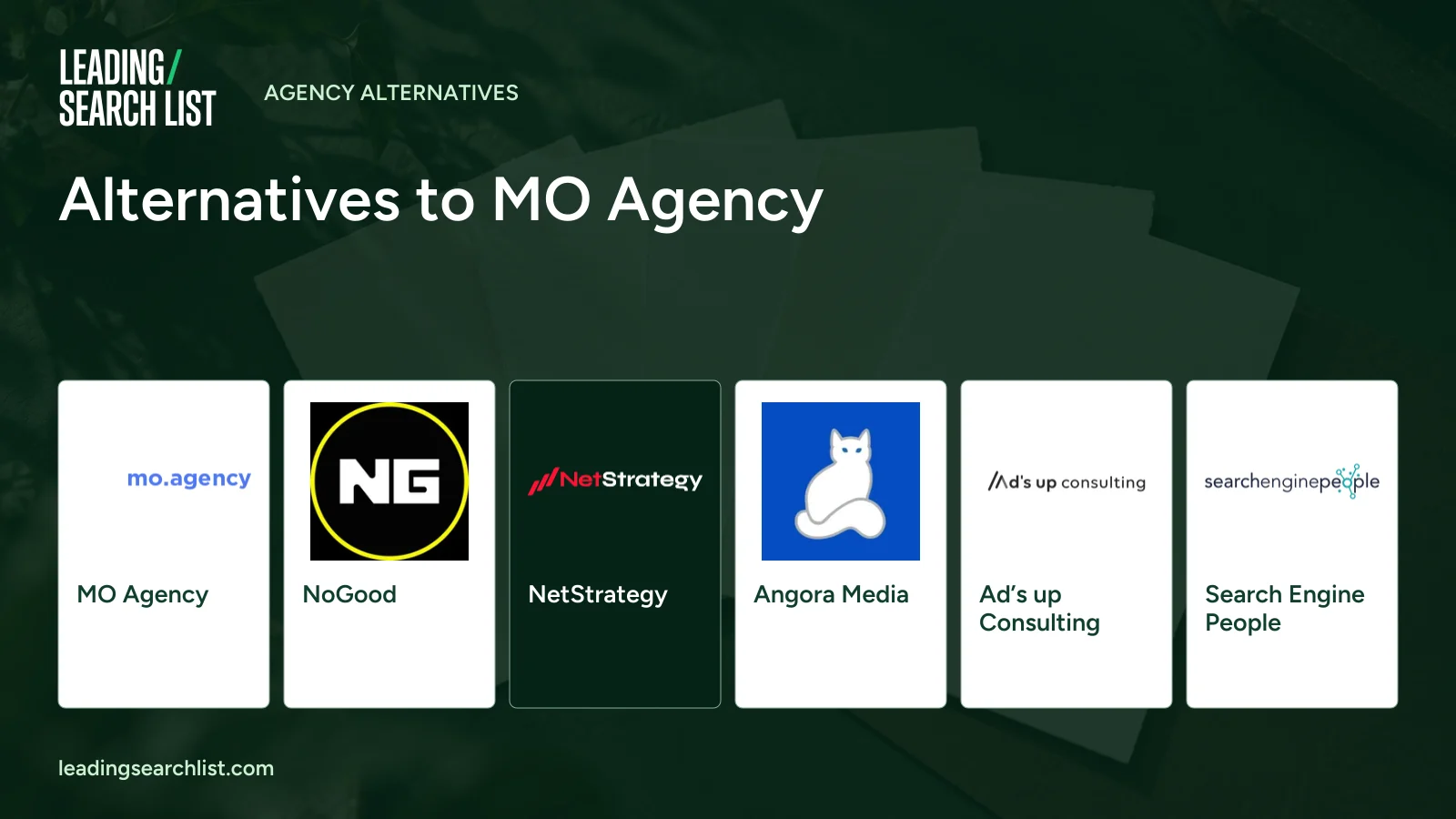 Alternatives to MO Agency. Logos shown: MO Agency, NoGood, NetStrategy, Angora Media, Ad’s up Consulting, Search Engine People. Leading Search List.