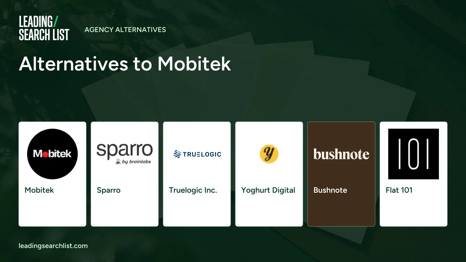 Alternatives to Mobitek. Logos shown: Mobitek, Sparro, Truelogic Inc., Yoghurt Digital, Bushnote, Flat 101. Leading Search List.