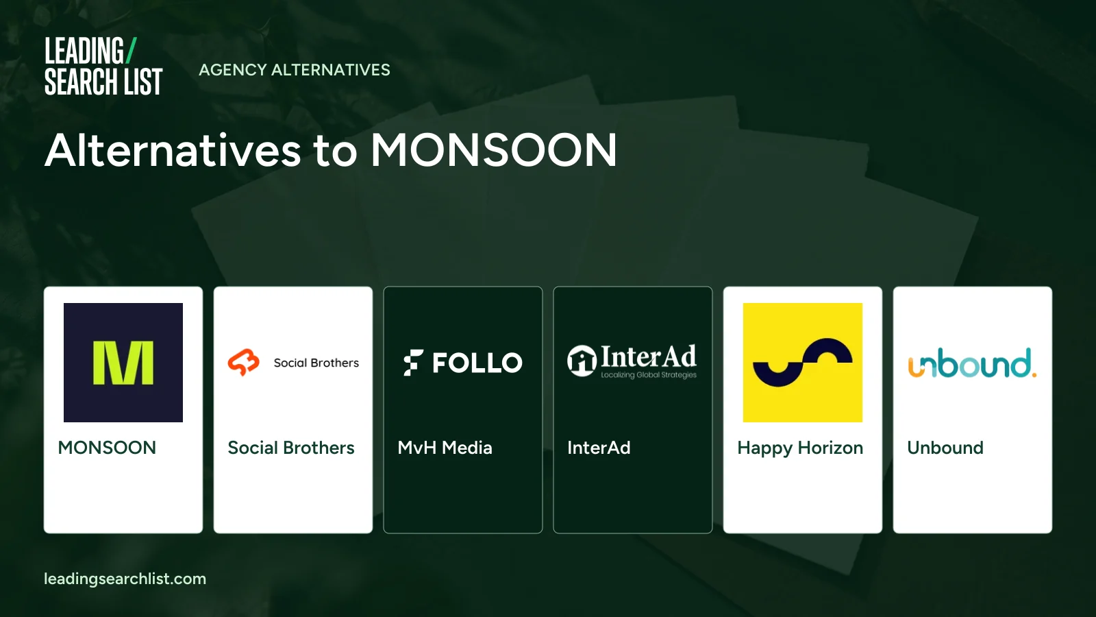 Alternatives to MONSOON. Logos shown: MONSOON, Social Brothers, MvH Media, InterAd, Happy Horizon, Unbound. Leading Search List.
