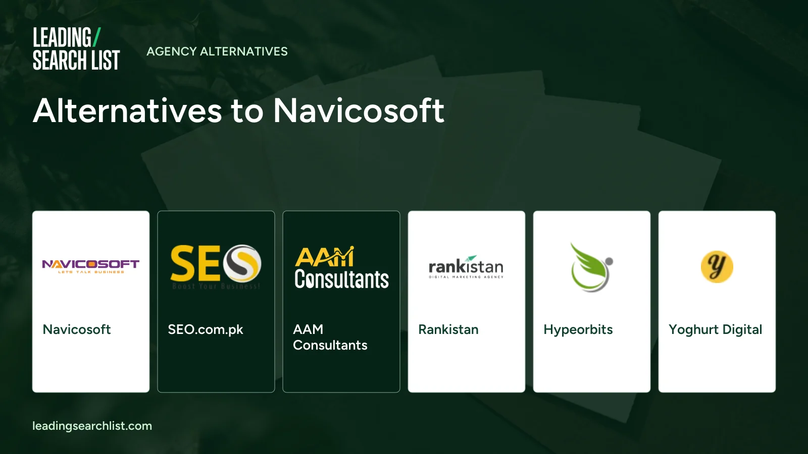 Alternatives to Navicosoft. Logos shown: Navicosoft, SEO.com.pk, AAM Consultants, Rankistan, Hypeorbits, Yoghurt Digital. Leading Search List.