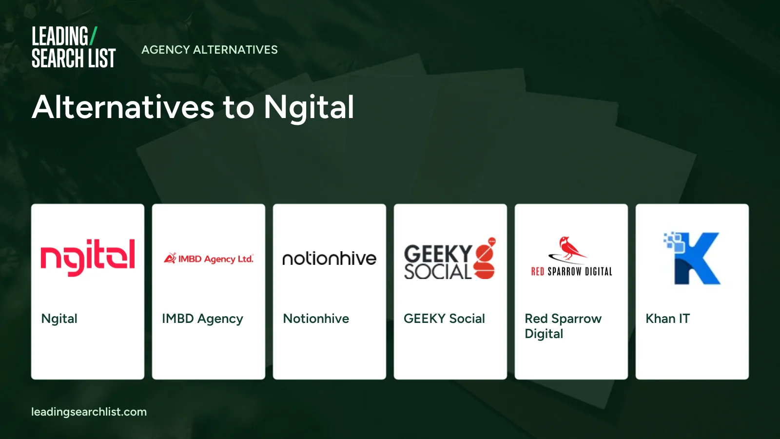 Alternatives to Ngital. Logos shown: Ngital, IMBD Agency, Notionhive, GEEKY Social, Red Sparrow Digital, Khan IT. Leading Search List.