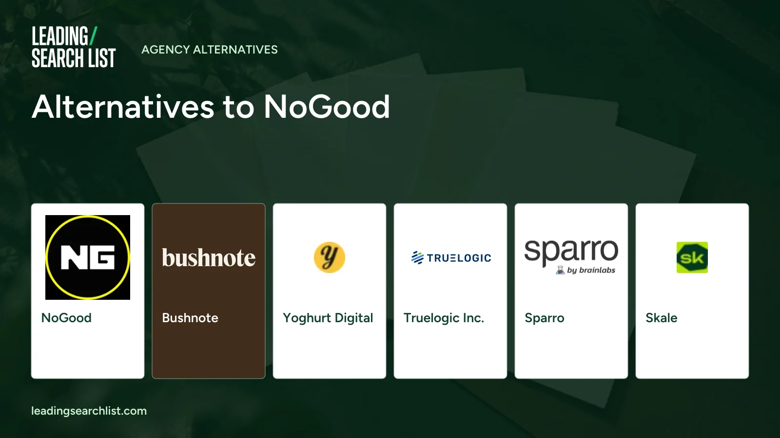 Alternatives to NoGood. Logos shown: NoGood, Bushnote, Yoghurt Digital, Truelogic Inc., Sparro, Skale. Leading Search List.