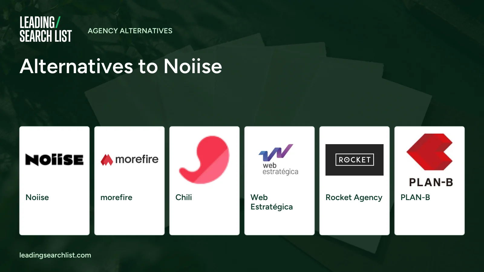 Alternatives to Noiise. Logos shown: Noiise, morefire, Chili, Web Estratégica, Rocket Agency, PLAN-B. Leading Search List.