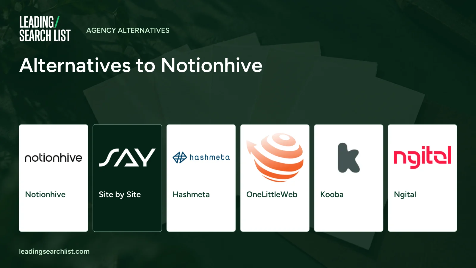 Alternatives to Notionhive. Logos shown: Notionhive, Site by Site, Hashmeta, OneLittleWeb, Kooba, Ngital. Leading Search List.