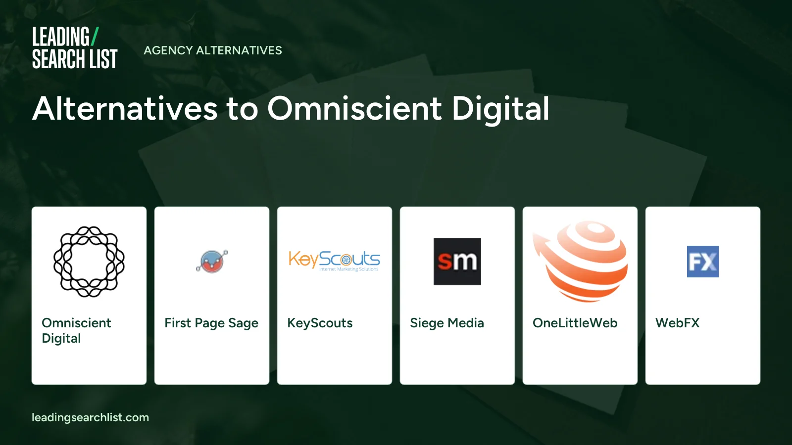Alternatives to Omniscient Digital. Logos shown: Omniscient Digital, First Page Sage, KeyScouts, Siege Media, OneLittleWeb, WebFX. Leading Search List.