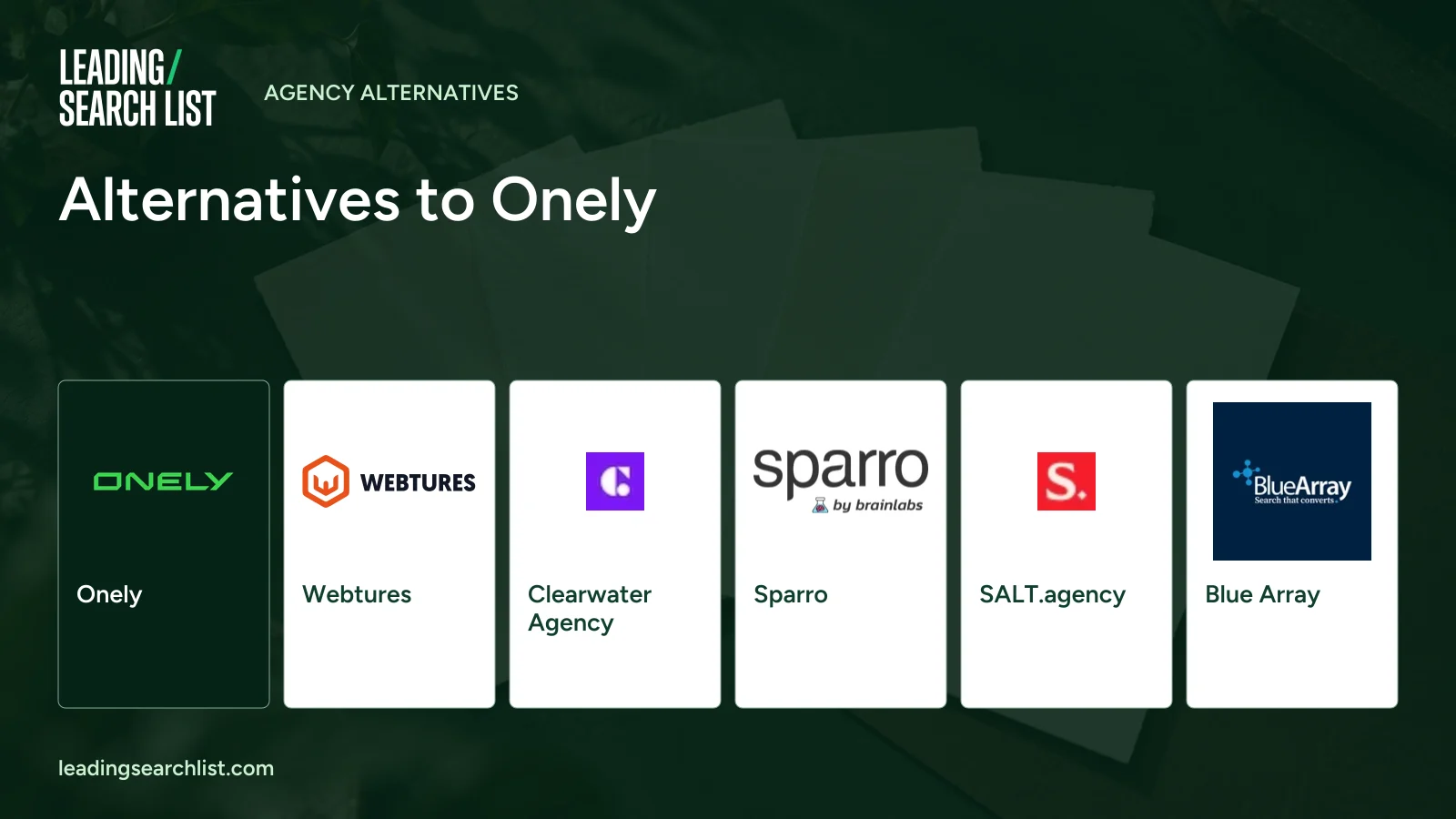 Alternatives to Onely. Logos shown: Onely, Webtures, Clearwater Agency, Sparro, SALT.agency, Blue Array. Leading Search List.