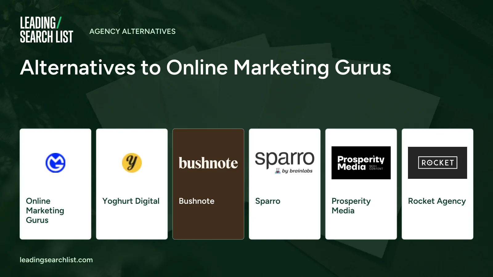 Alternatives to Online Marketing Gurus. Logos shown: Online Marketing Gurus, Yoghurt Digital, Bushnote, Sparro, Prosperity Media, Rocket Agency. Leading Search List.