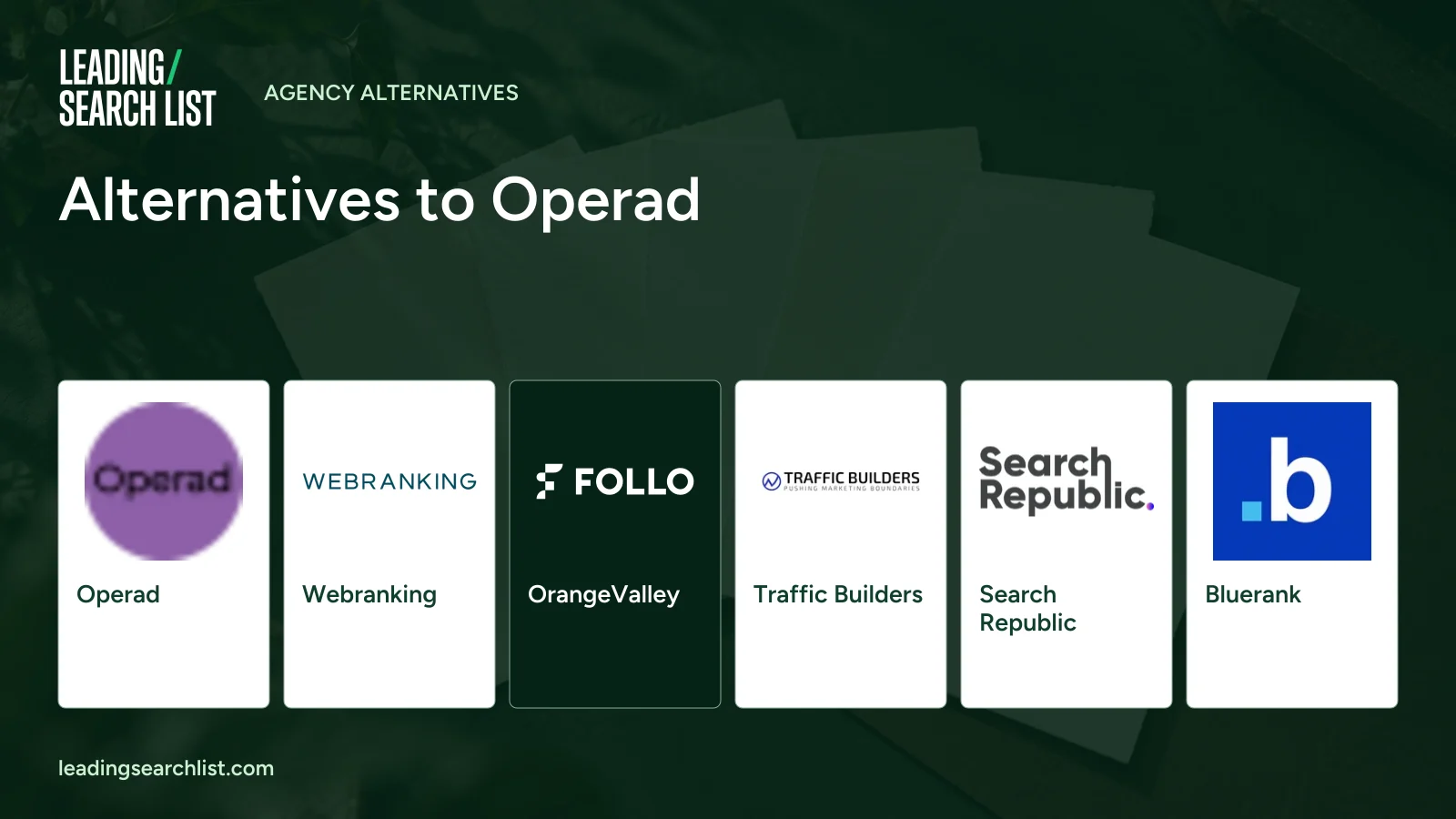 Alternatives to Operad. Logos shown: Operad, Webranking, OrangeValley, Traffic Builders, Search Republic, Bluerank. Leading Search List.
