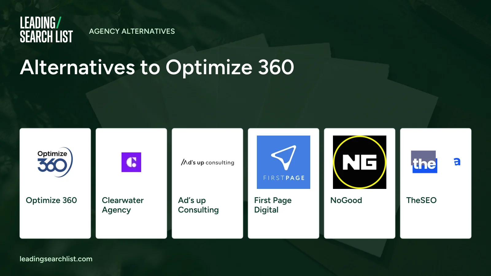 Alternatives to Optimize 360. Logos shown: Optimize 360, Clearwater Agency, Ad’s up Consulting, First Page Digital, NoGood, TheSEO. Leading Search List.