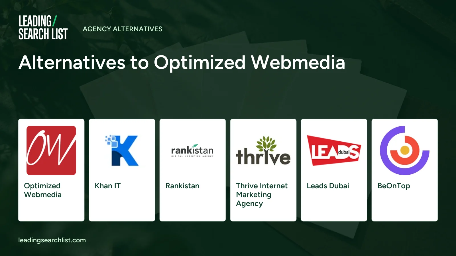 Alternatives to Optimized Webmedia. Logos shown: Optimized Webmedia, Khan IT, Rankistan, Thrive Internet Marketing Agency, Leads Dubai, BeOnTop. Leading Search List.