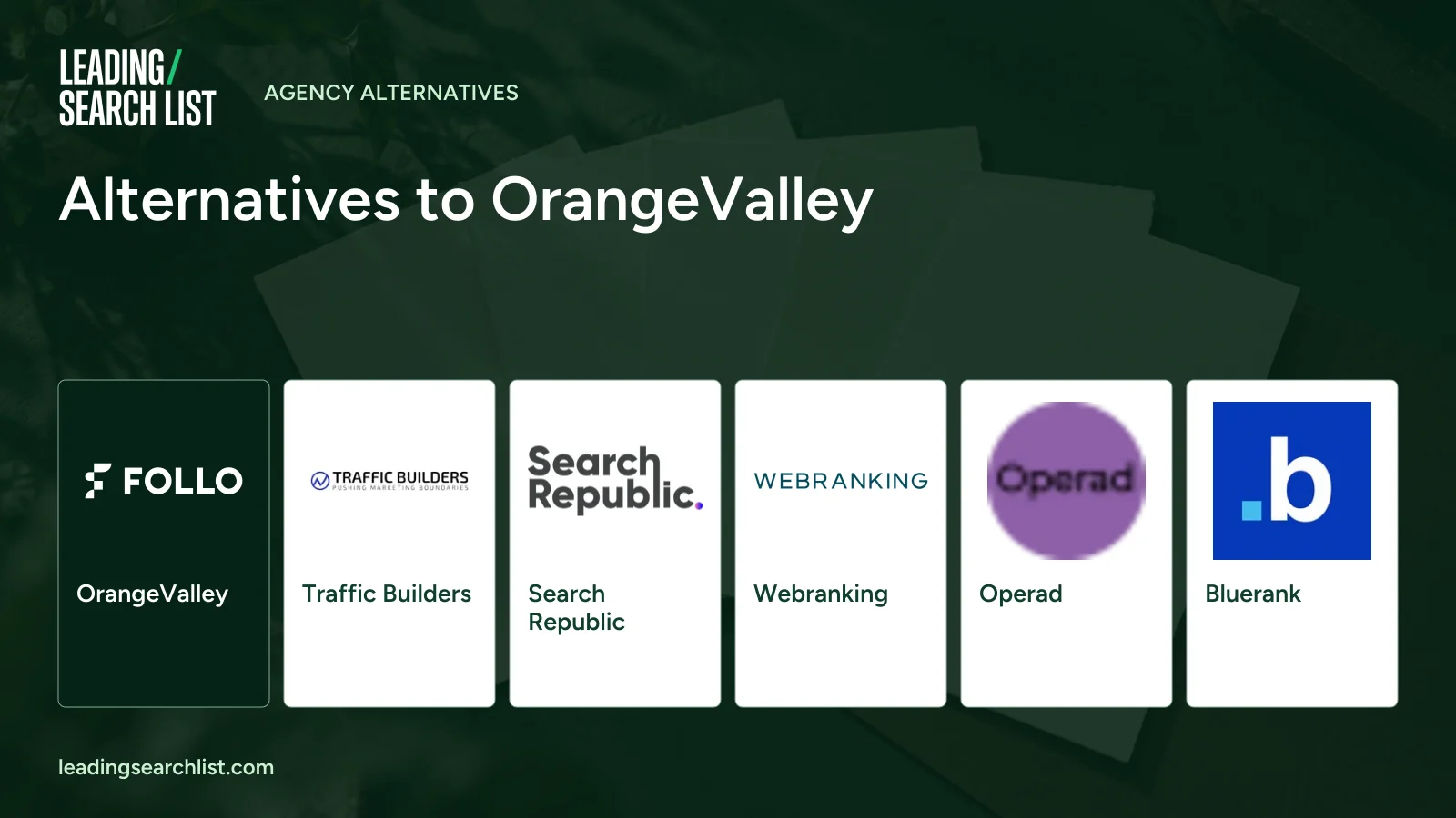 Alternatives to OrangeValley. Logos shown: OrangeValley, Traffic Builders, Search Republic, Webranking, Operad, Bluerank. Leading Search List.