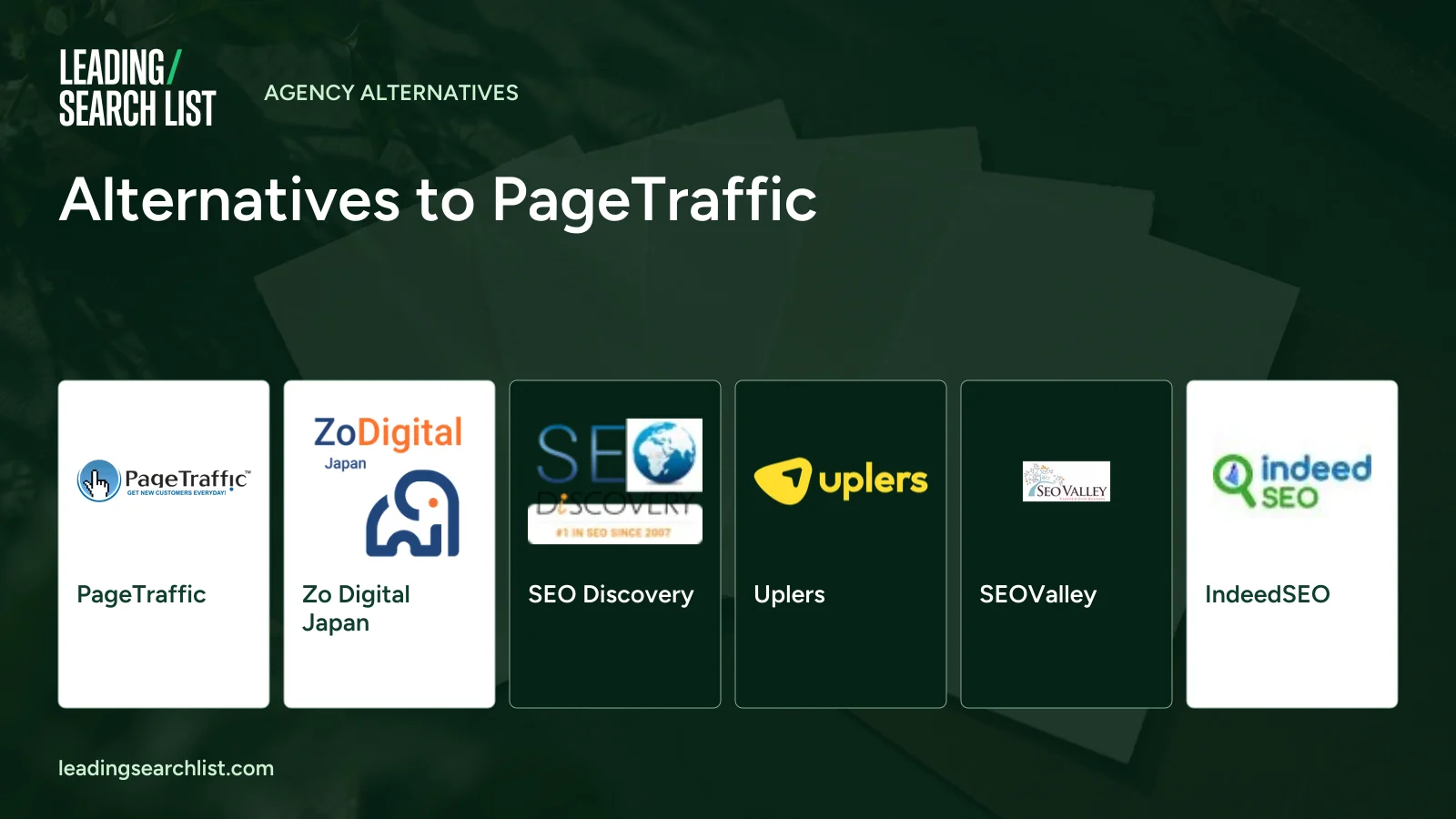 Alternatives to PageTraffic. Logos shown: PageTraffic, Zo Digital Japan, SEO Discovery, Uplers, SEOValley, IndeedSEO. Leading Search List.