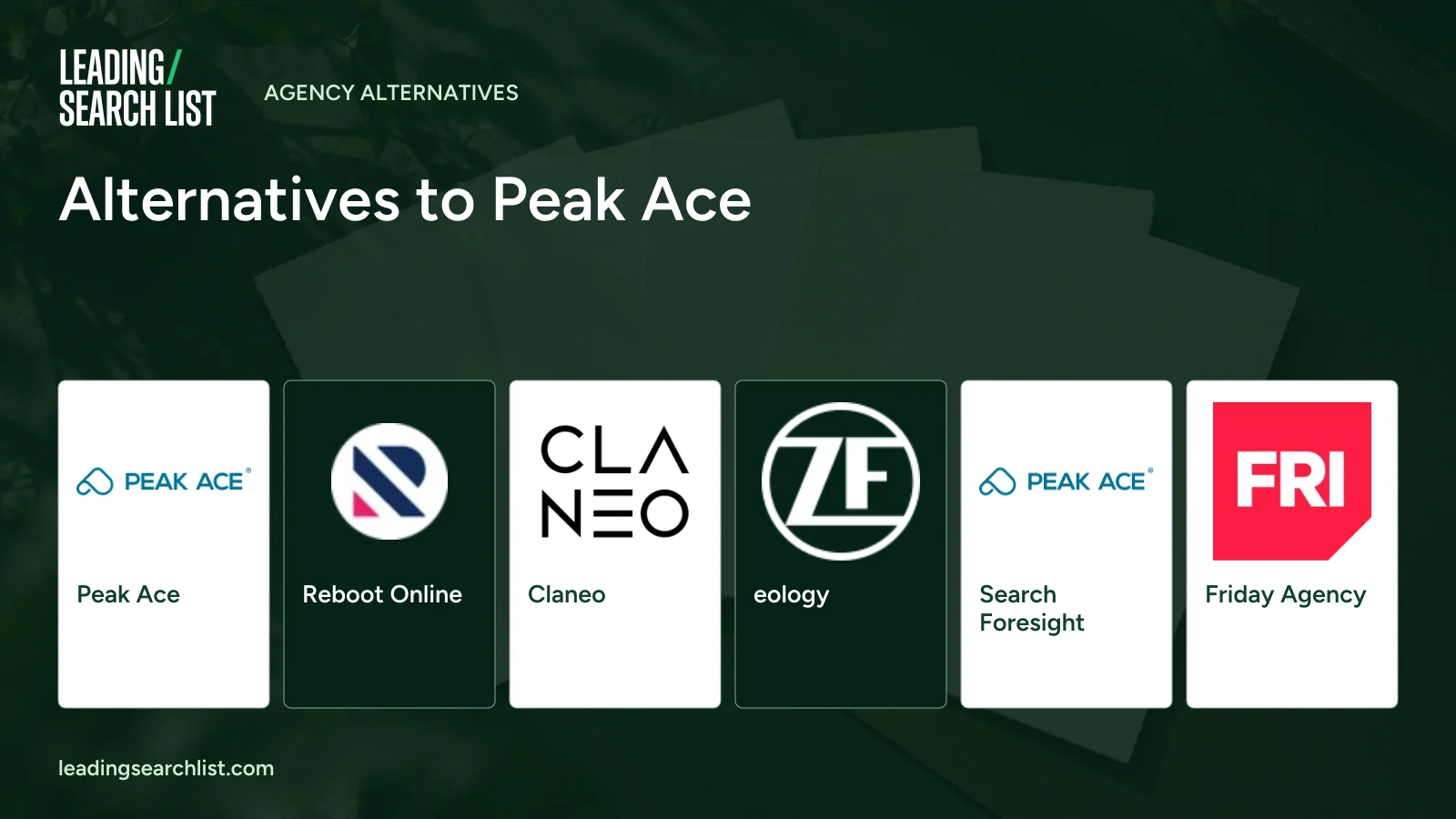 Alternatives to Peak Ace. Logos shown: Peak Ace, Reboot Online, Claneo, eology, Search Foresight, Friday Agency. Leading Search List.
