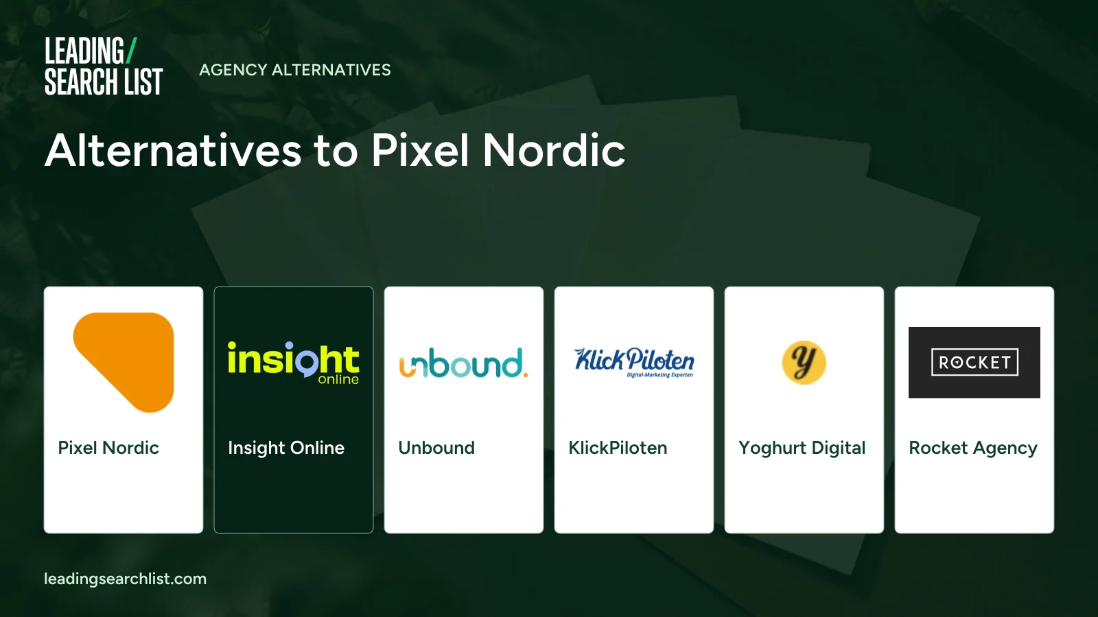 Alternatives to Pixel Nordic. Logos shown: Pixel Nordic, Insight Online, Unbound, KlickPiloten, Yoghurt Digital, Rocket Agency. Leading Search List.