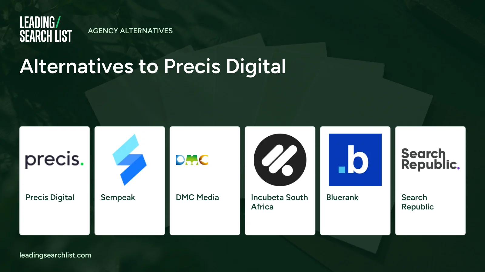 Alternatives to Precis Digital. Logos shown: Precis Digital, Sempeak, DMC Media, Incubeta South Africa, Bluerank, Search Republic. Leading Search List.