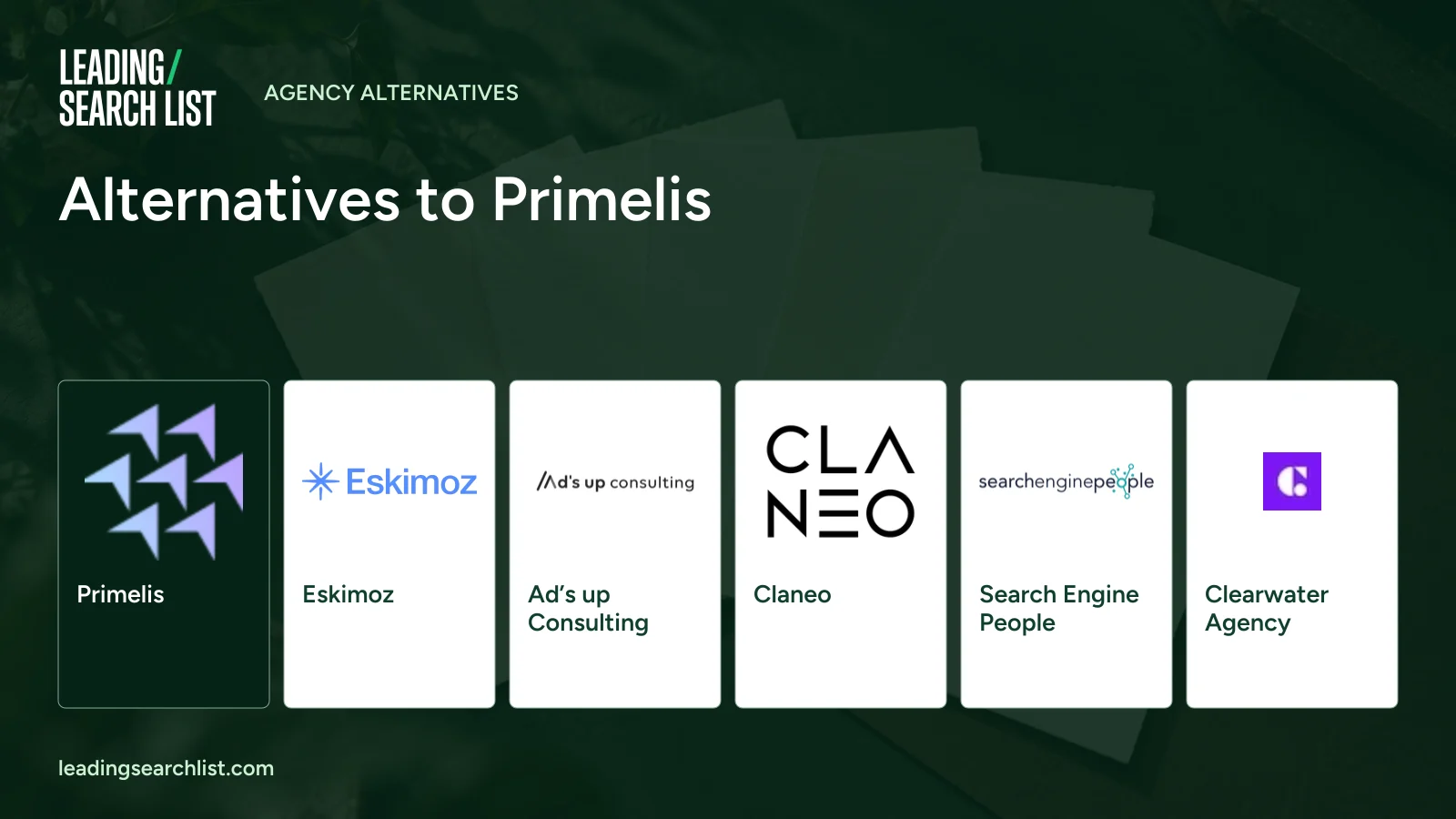 Alternatives to Primelis. Logos shown: Primelis, Eskimoz, Ad’s up Consulting, Claneo, Search Engine People, Clearwater Agency. Leading Search List.