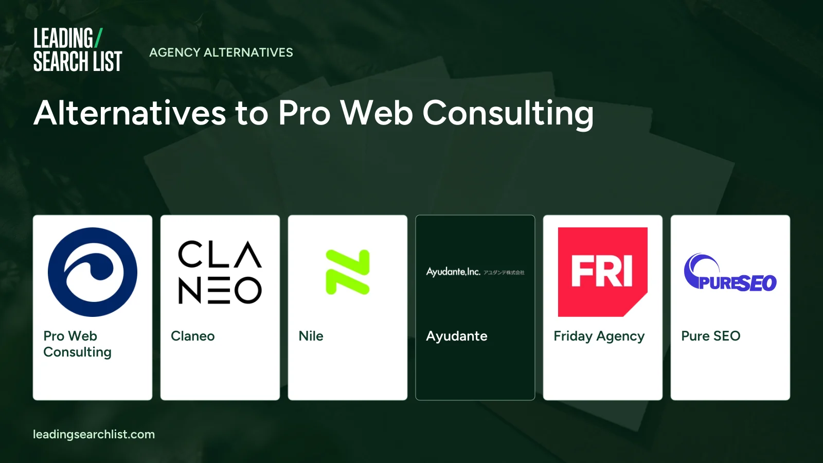 Alternatives to Pro Web Consulting. Logos shown: Pro Web Consulting, Claneo, Nile, Ayudante, Friday Agency, Pure SEO. Leading Search List.