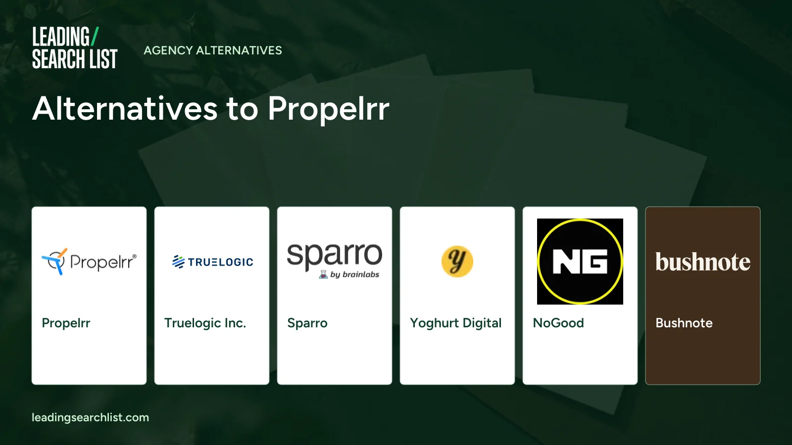 Alternatives to Propelrr. Logos shown: Propelrr, Truelogic Inc., Sparro, Yoghurt Digital, NoGood, Bushnote. Leading Search List.