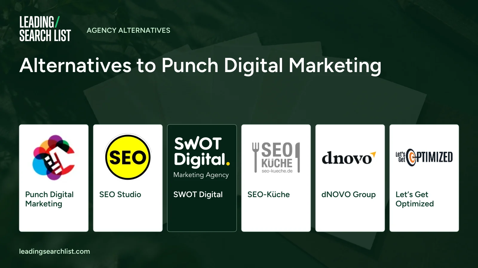 Alternatives to Punch Digital Marketing. Logos shown: Punch Digital Marketing, SEO Studio, SWOT Digital, SEO-Küche, dNOVO Group, Let’s Get Optimized. Leading Search List.