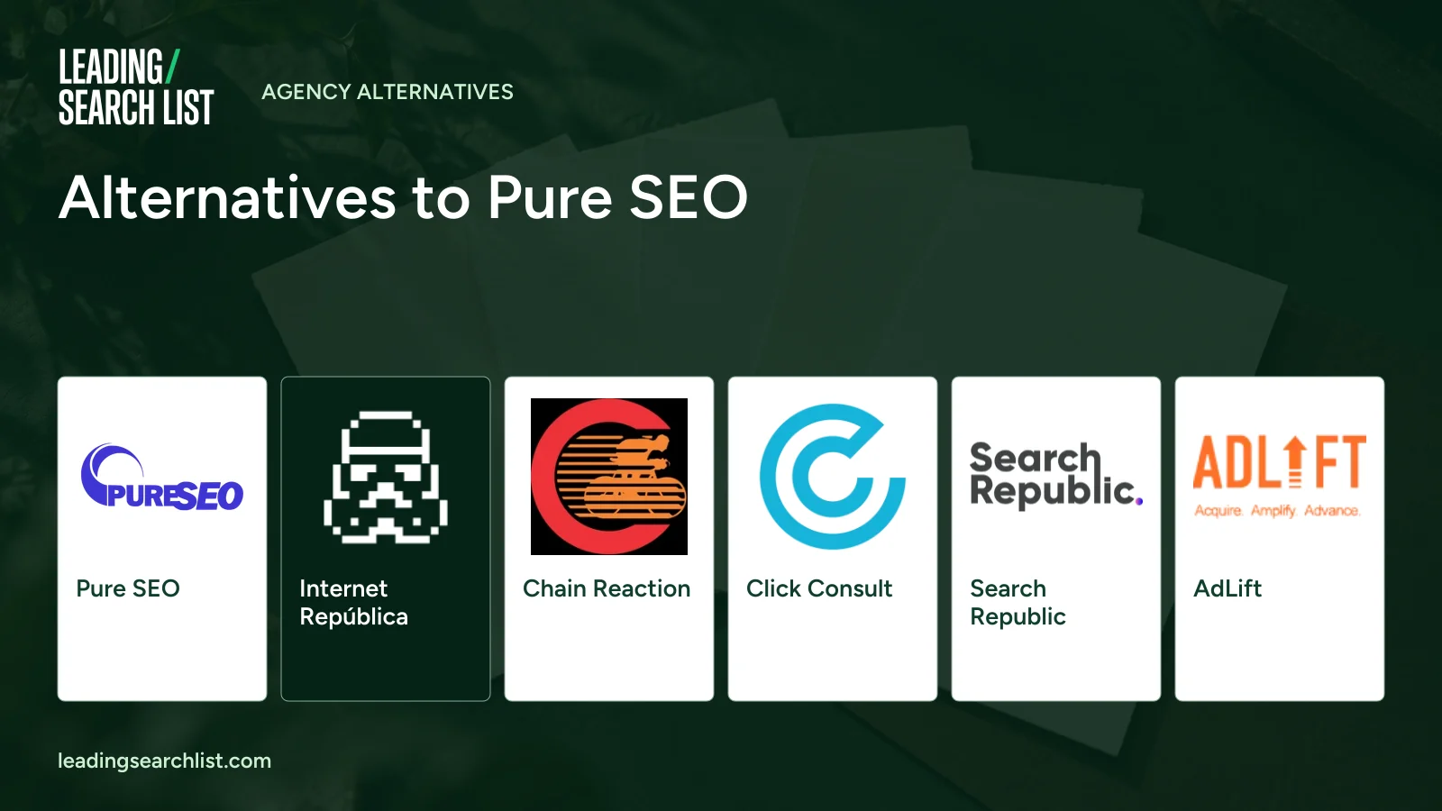 Alternatives to Pure SEO. Logos shown: Pure SEO, Internet República, Chain Reaction, Click Consult, Search Republic, AdLift. Leading Search List.