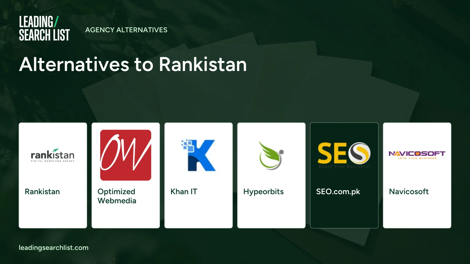 Alternatives to Rankistan. Logos shown: Rankistan, Optimized Webmedia, Khan IT, Hypeorbits, SEO.com.pk, Navicosoft. Leading Search List.