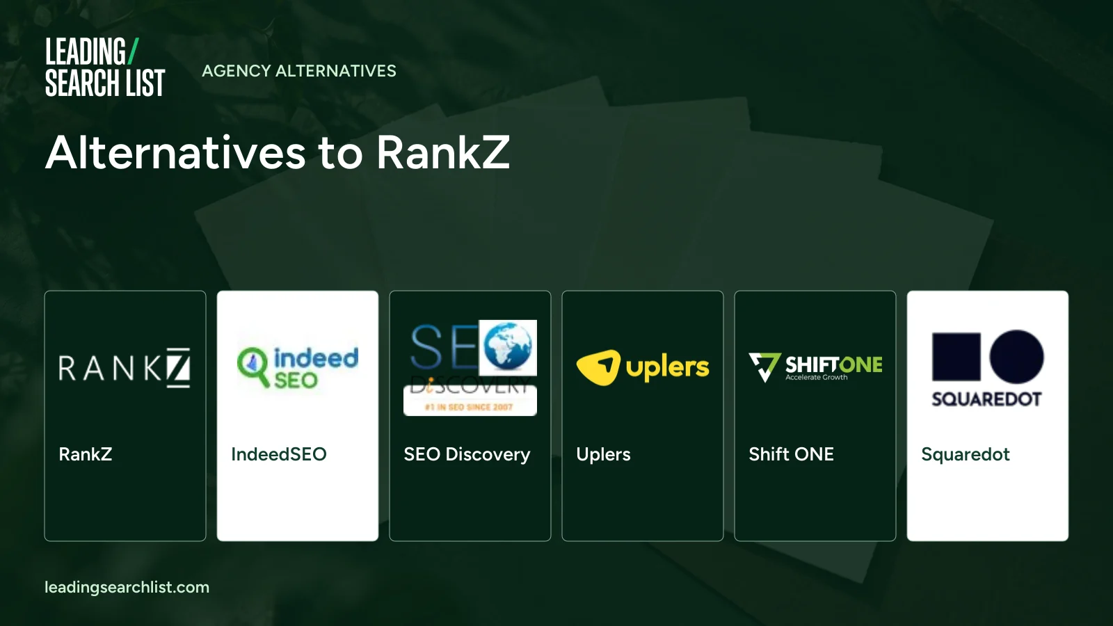 Alternatives to RankZ. Logos shown: RankZ, IndeedSEO, SEO Discovery, Uplers, Shift ONE, Squaredot. Leading Search List.